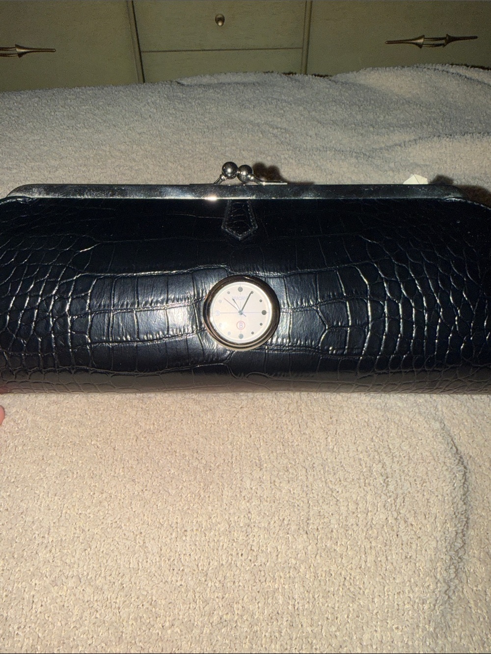 Black Croc-Texture Clutch with Embedded Watch